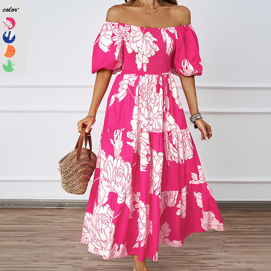 Damen Sommerkleid mit elegantem Puffärmel-Design und floralem Muster EB