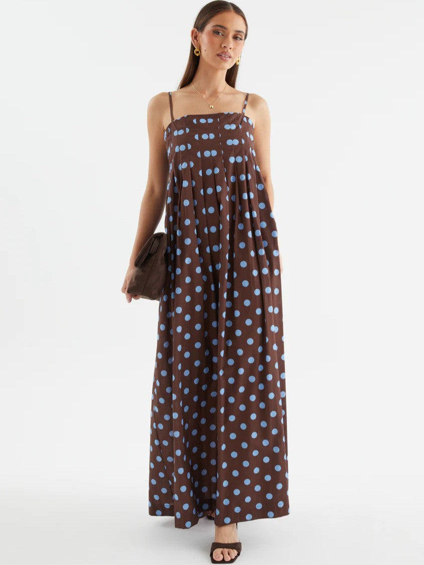 Damen Maxikleid mit verspieltem Punkte-Muster und schulterfreien Trägern EB