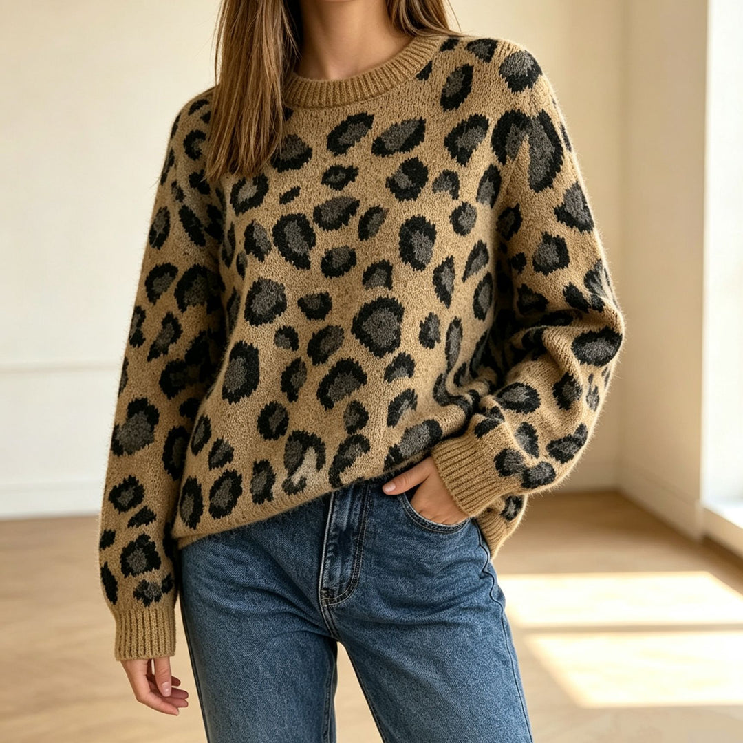 Damen Kuscheliger Rundhalspullover im Leo-Jacquard mit entspanntem Oversize-Schnitt EB