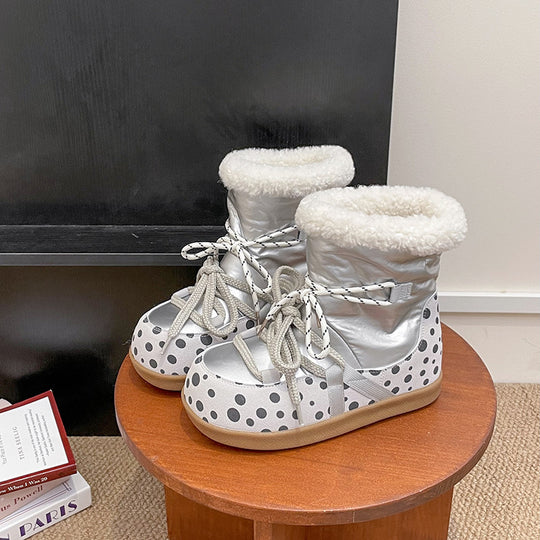 Damen Kuschelige Winterstiefel mit modischem Polka-Dot Design und weichem Kunstfellkragen EB