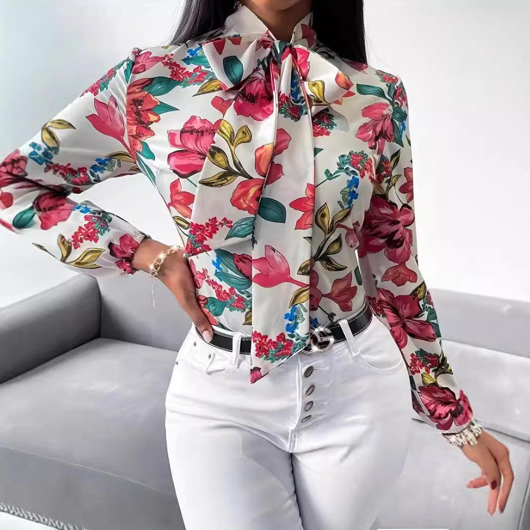 Damen Bluse mit Schleifen-Detail und floralem Design EB