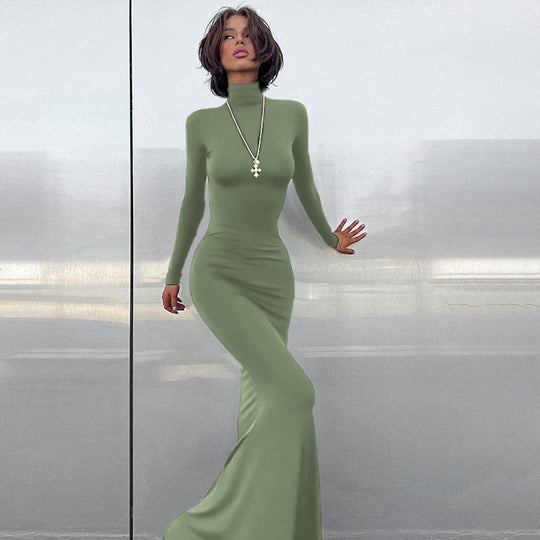 Damen figurbetontes Langarmkleid mit hohem Kragen und elegantem Schnitt EB