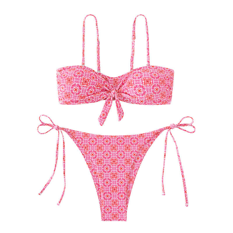 Damen Bandeau-Bikini mit dekorativem Knoten und verspielten Bindebändern EB
