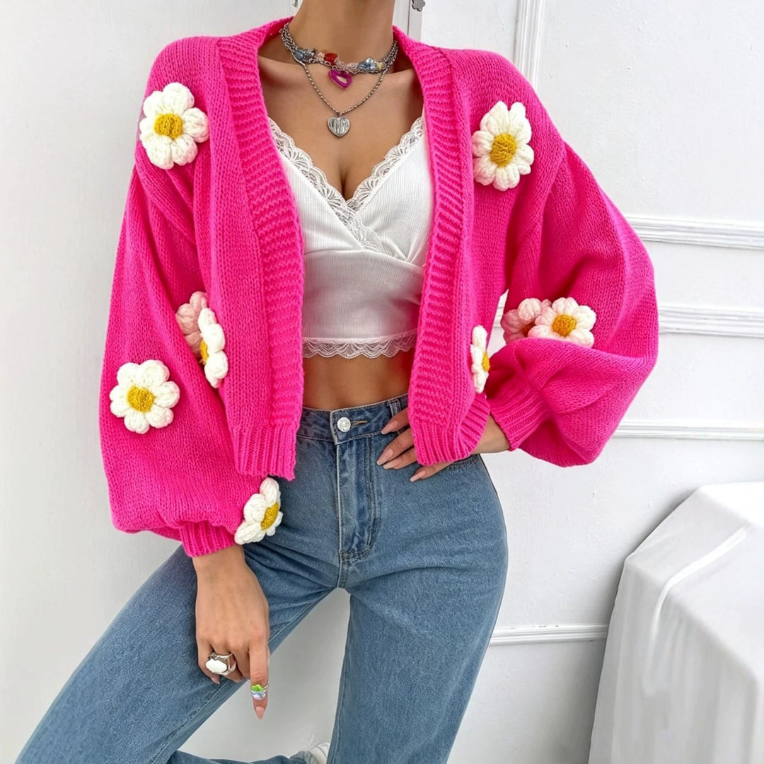 Damen Kurzgeschnittener Grobstrick-Cardigan mit 3D-Blütenapplikationen EB