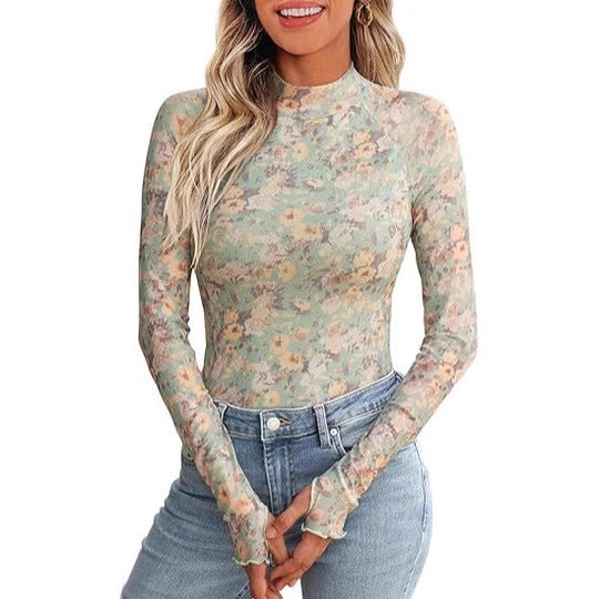 Damen Transparentes Mesh-Longsleeve mit Blumenprint und Stehkragen EB