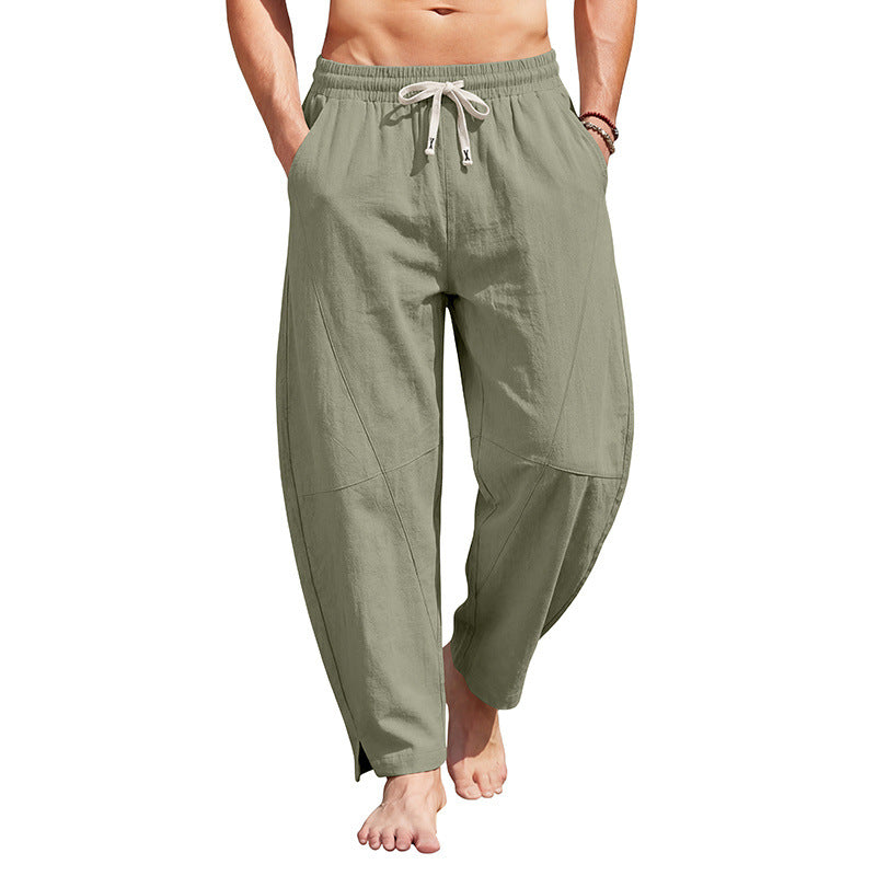 Herren knöchellange Freizeithose aus Leinenmix mit elastischem Kordelbund und seitlichen Schlitzen EB