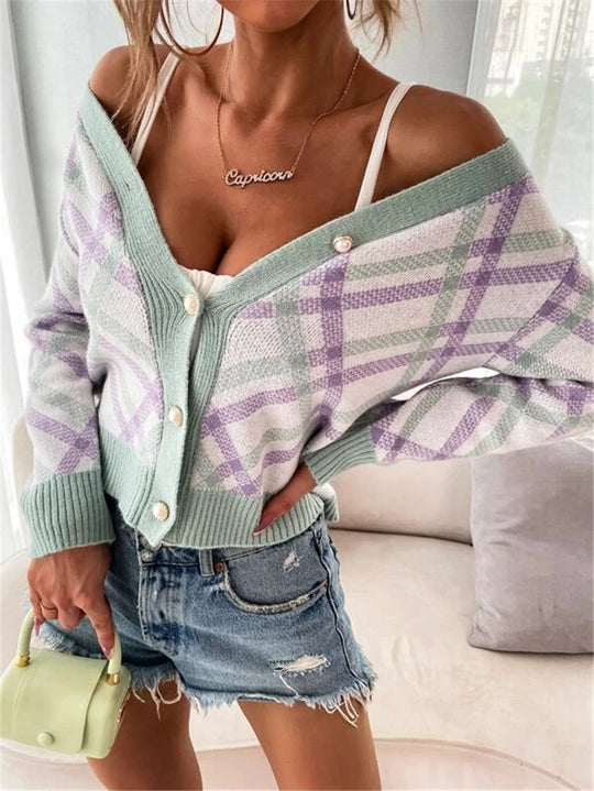 Damen modischer Strickcardigan mit Karomuster und eleganter Knopfleiste EB