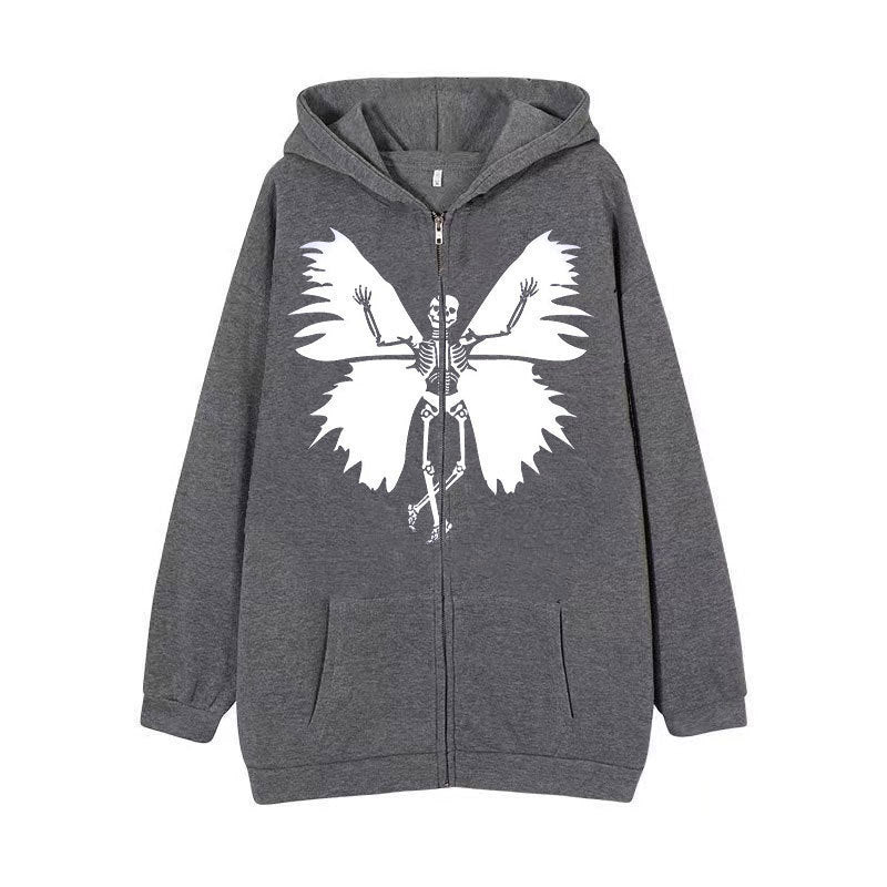 Damen Zip-Hoodie mit einzigartigem Skelett- und Schmetterlingsmotiv EB