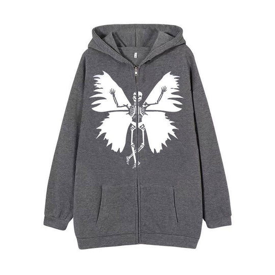 Damen Zip-Hoodie mit einzigartigem Skelett- und Schmetterlingsmotiv EB
