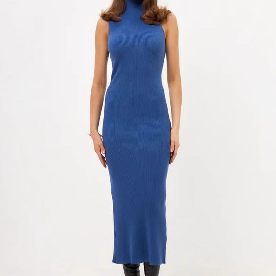 Damen Elegantes figurbetontes Maxikleid mit hochgeschlossenem Kragen und feiner Rippenstruktur EB