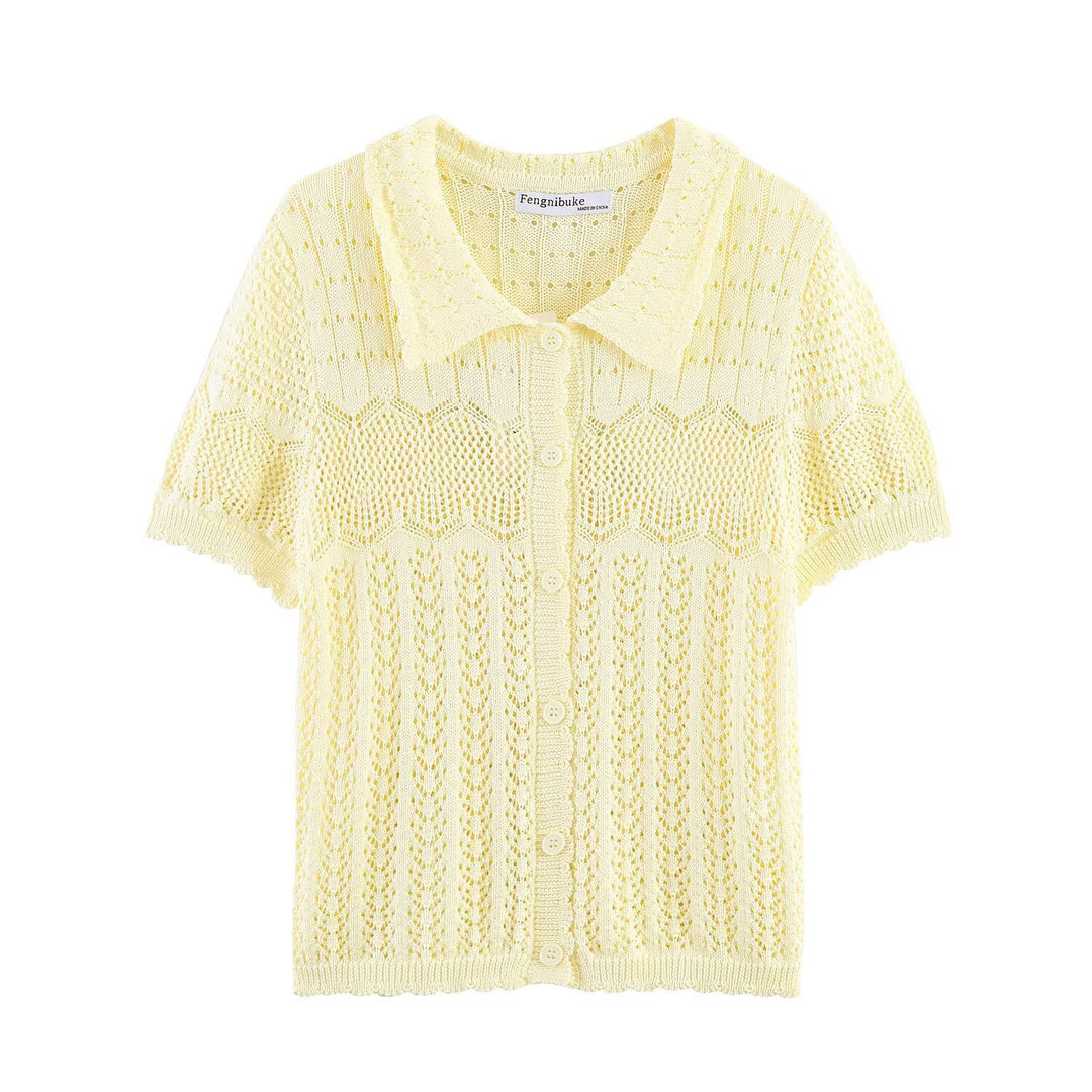 Damen Kurzarm Strickjacke mit feinem Lochmuster und klassischem Kragen EB