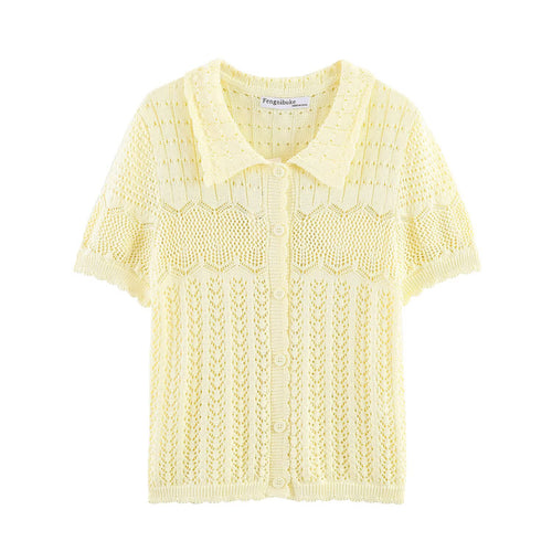 Damen Kurzarm Strickjacke mit feinem Lochmuster und klassischem Kragen EB