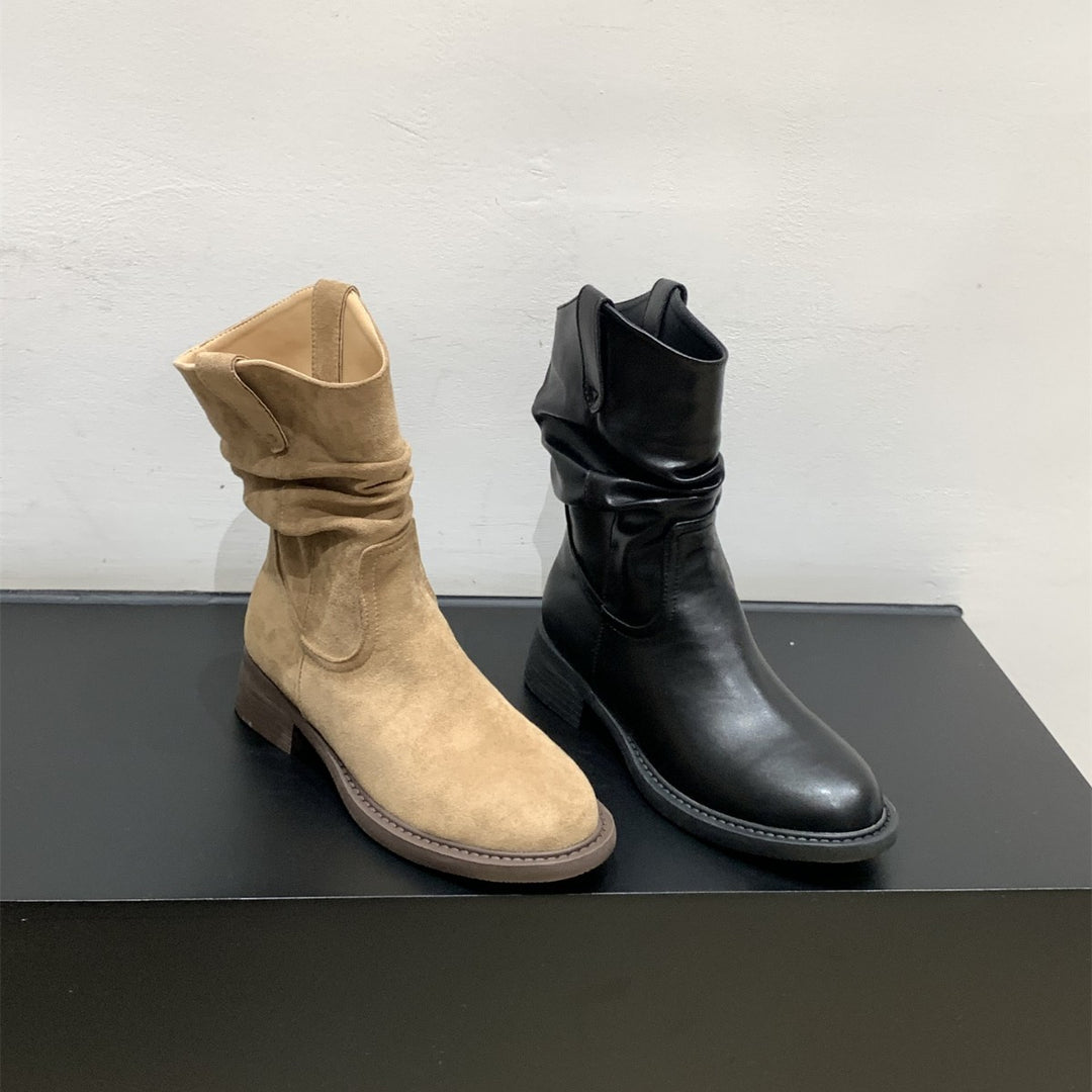 Damen modische Stiefel mit gerafftem Schaft und bequemem Blockabsatz EB