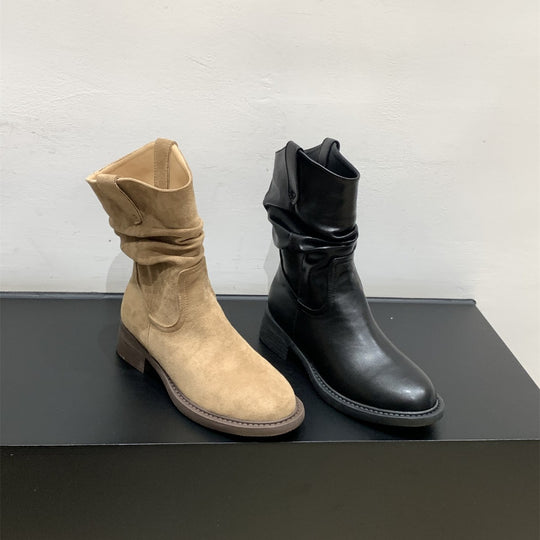 Damen modische Stiefel mit gerafftem Schaft und bequemem Blockabsatz EB