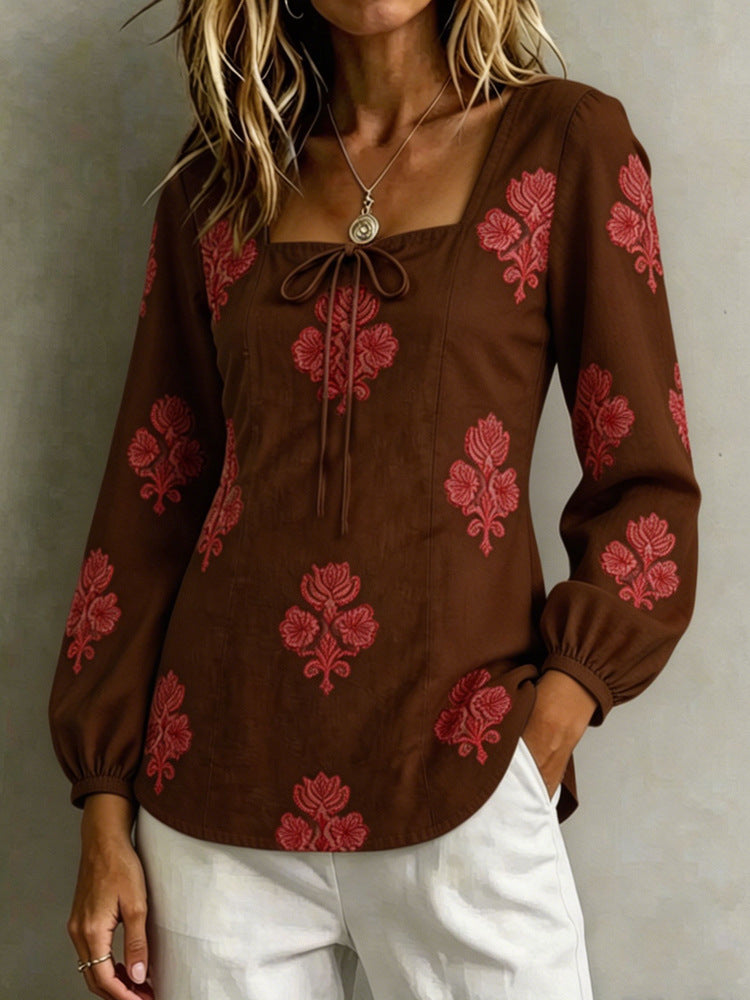 Damen Bestickte Tunika-Bluse mit quadratischem Ausschnitt und femininen Ballonärmeln EB