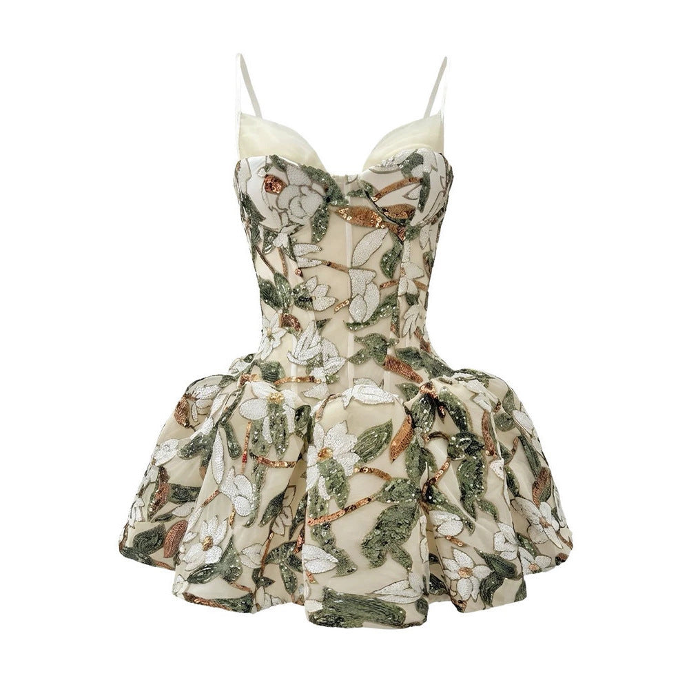 Damen Minikleid mit floralem Muster und voluminösem Rock EB