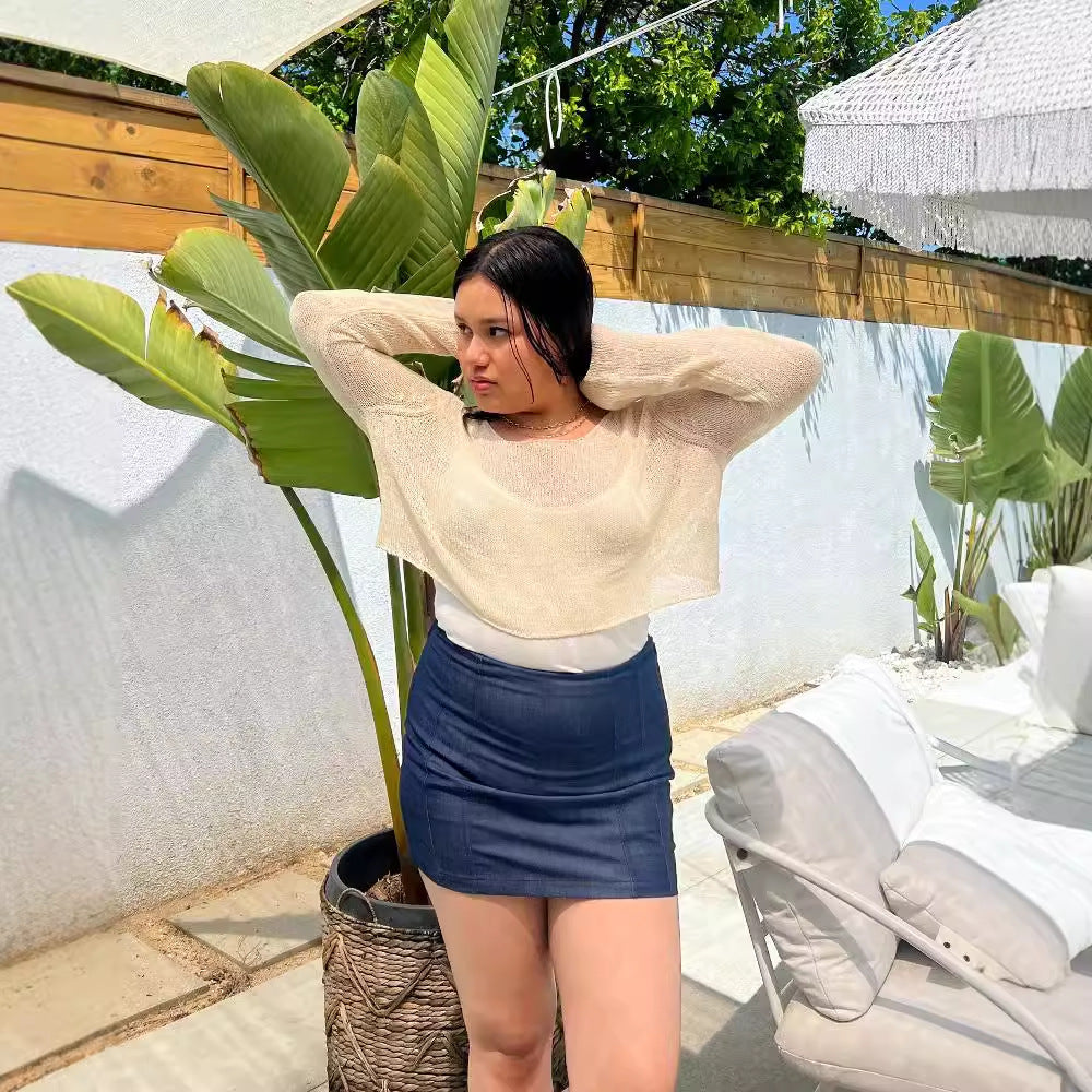 Damen luftiges Strickoberteil mit weitem Schnitt und eleganten Trompetenärmeln EB