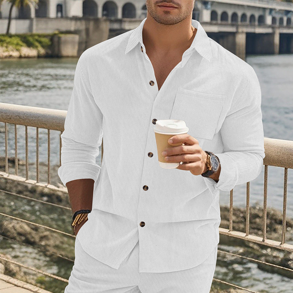 Herren gestreiftes Langarmshirt mit modischem Stehkragen und praktischer Brusttasche EB
