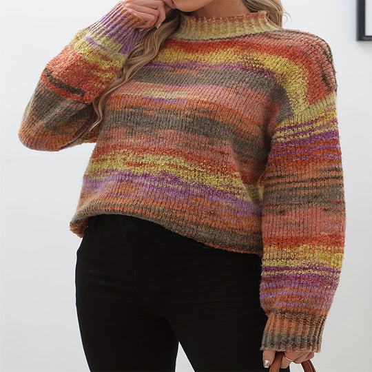 Damen Strickpullover mit buntem Wellenmuster und hohen Kragen EB