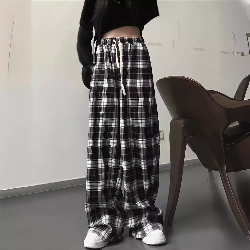 Damen Weite Karohose mit elastischem Bund und Kordelzug EB