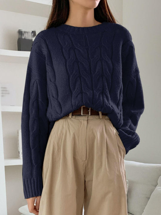 Damen Gemusterter Strickpullover mit voluminösen Ärmeln und Rundhalsausschnitt EB