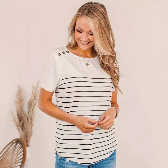 Damen Modisches Streifenshirt mit dekorativen Knopfdetails EB