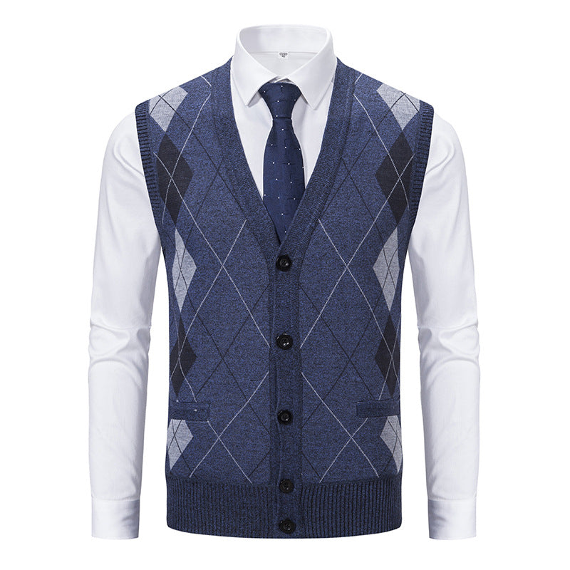 Herren nan ärmellose Strickweste mit Argyle-Muster, Teddyfutter und durchgehender Knopfleiste EB