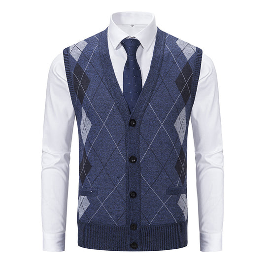 Herren nan ärmellose Strickweste mit Argyle-Muster, Teddyfutter und durchgehender Knopfleiste EB