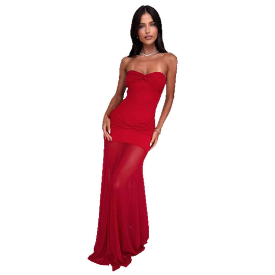 Damen Elegantes Maxikleid mit gerafftem Oberteil und schwingendem Rock EB