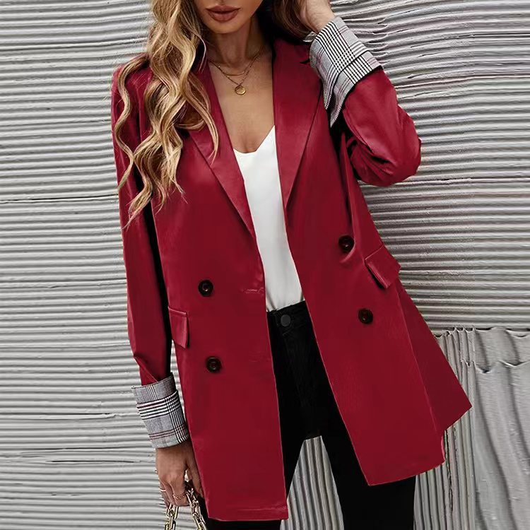 Damen Eleganter Doppelreiher Blazer mit kariertem Detail EB