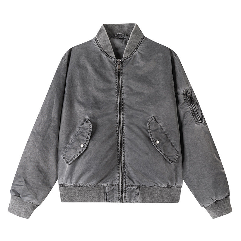 Men's  vintage-washed relaxed bomber jacket with slanted snap-flap pockets and reinforced rib hem EB