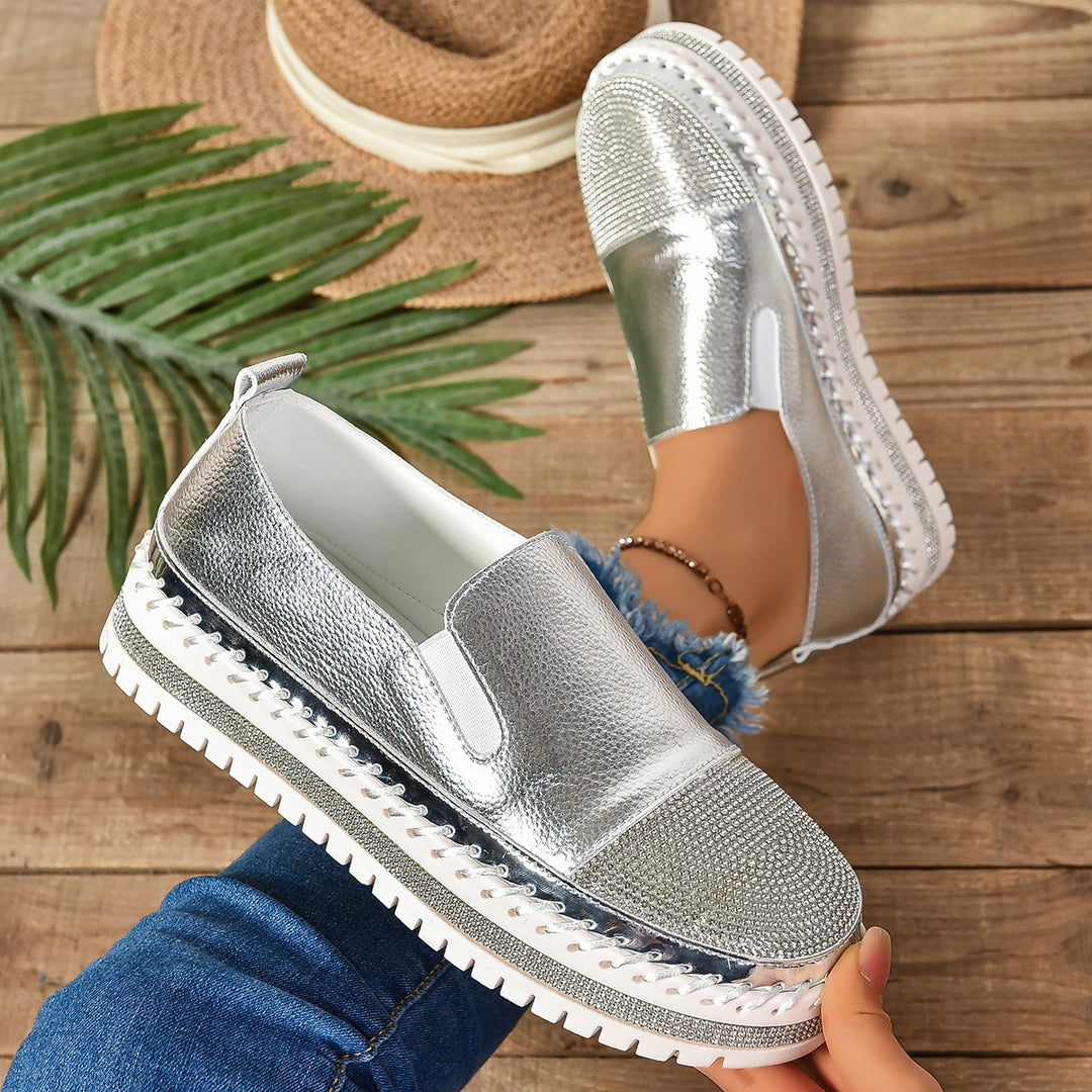 Damen Slip-On Plateau-Slipper mit Strassbesatz, elastischem Einstieg und profilierter Gummisohle EB