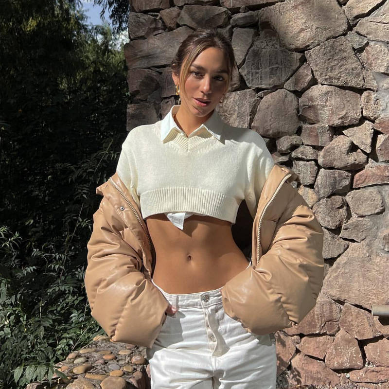 Damen Cropped Pullover mit V-Ausschnitt und langen Ärmeln EB