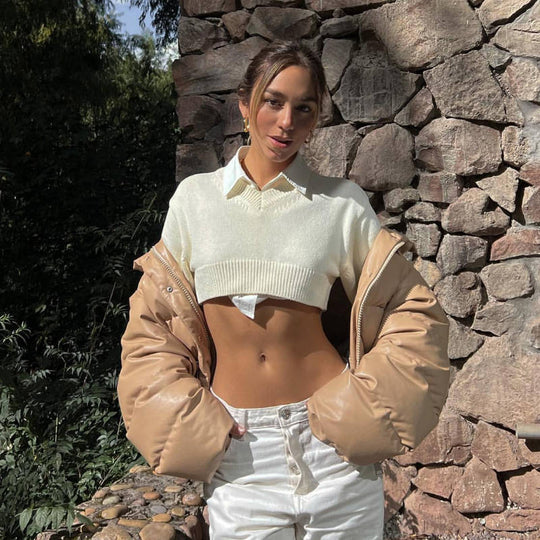 Damen Cropped Pullover mit V-Ausschnitt und langen Ärmeln EB