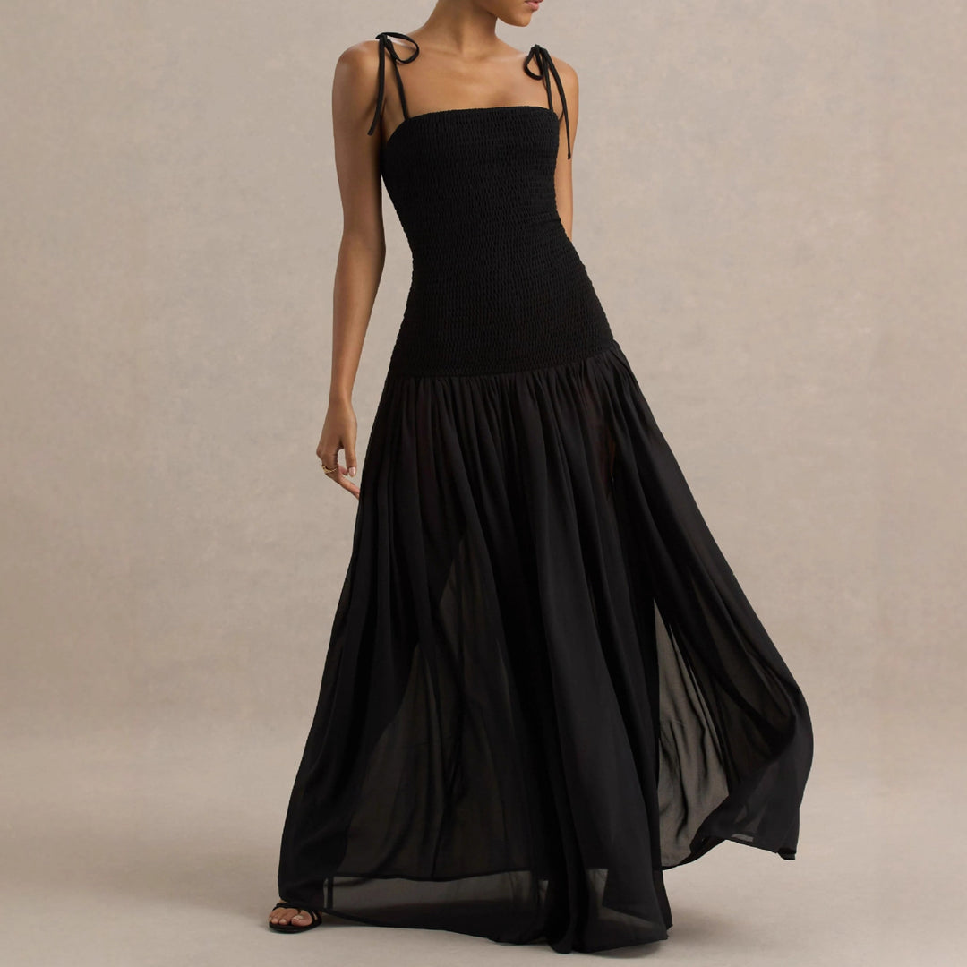 Damen Maxikleid mit einem eleganten, gerafften Oberteil und schwingendem Rock EB