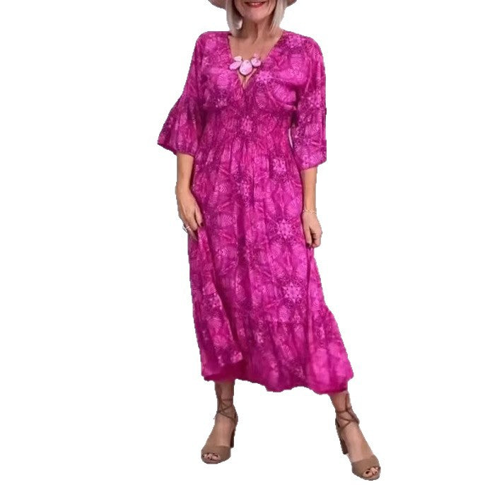 Damen nan fließendes Kaftan-Midikleid mit V-Ausschnitt, lockerer Silhouette, Stufenrock und dreiviertel-Ärmeln EB