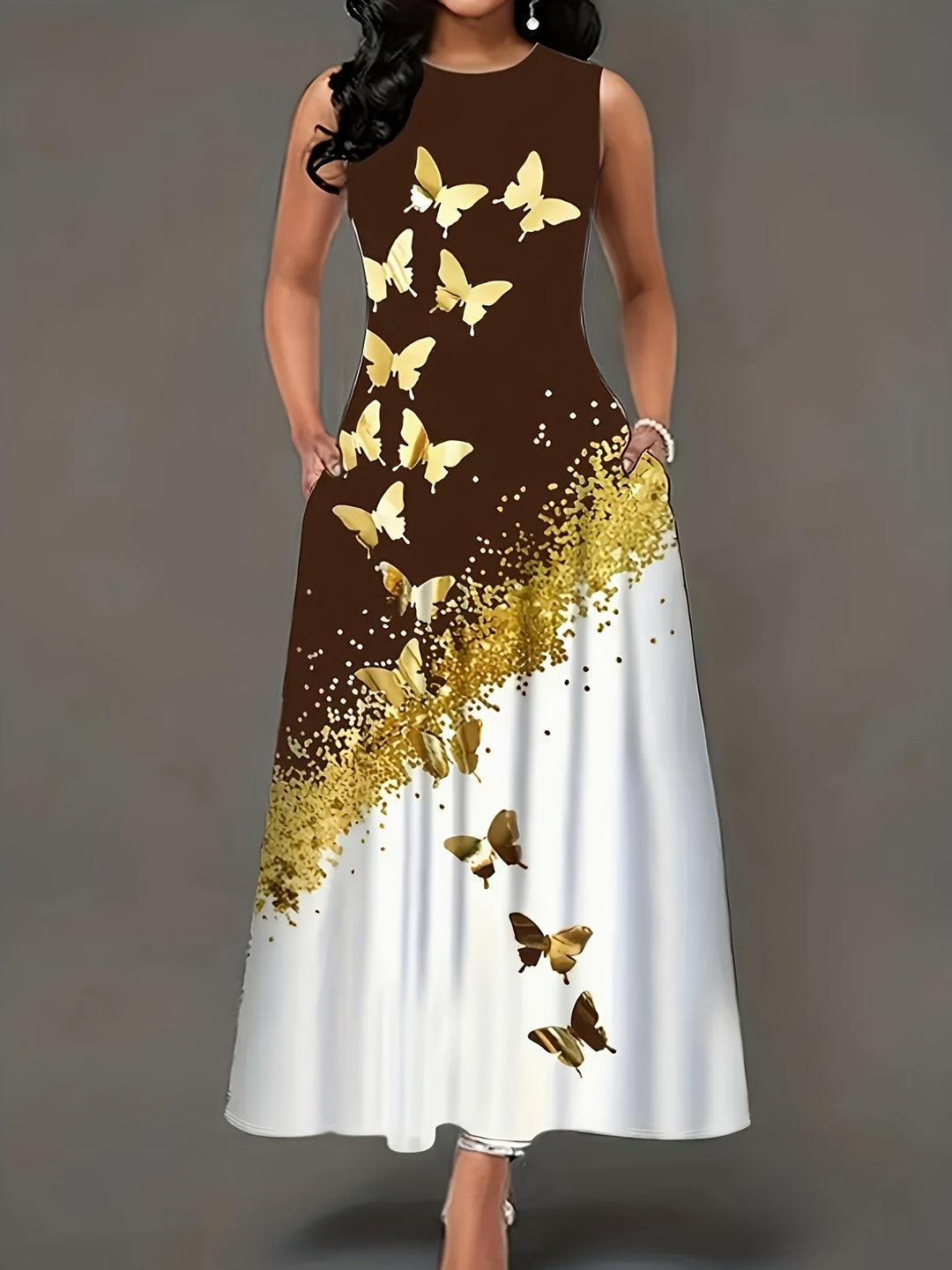 Damen Maxikleid mit buntem Schmetterlingsdruck und fließendem Saum EB