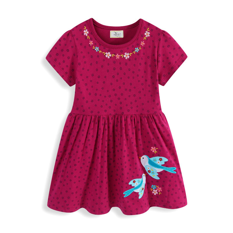 Mädchen Baumwollkleid mit süßen Vogel- und Blumenstickereien EB