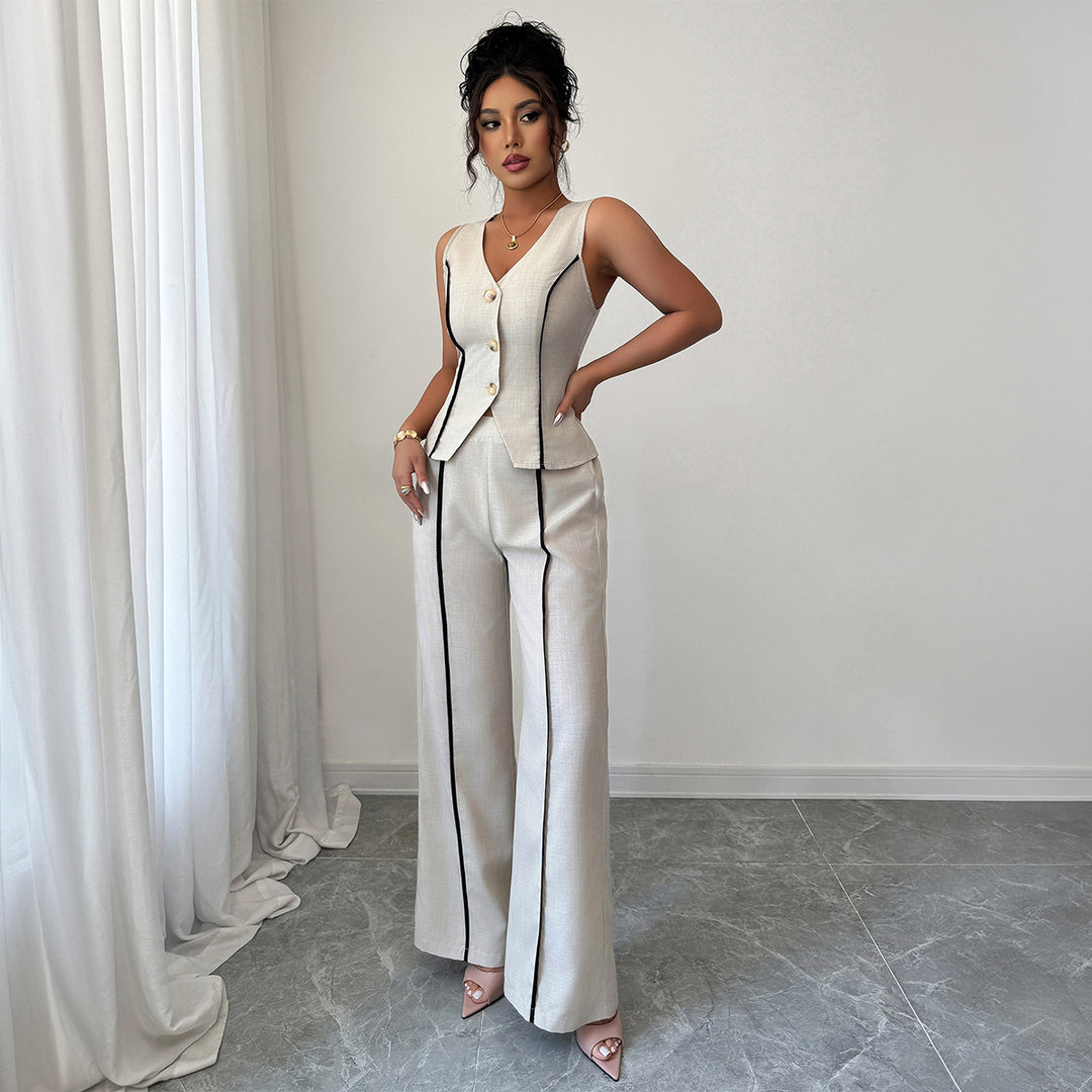 Damen elegante Hose-Anzug mit tailliertem Oberteil und Knopfdetails EB