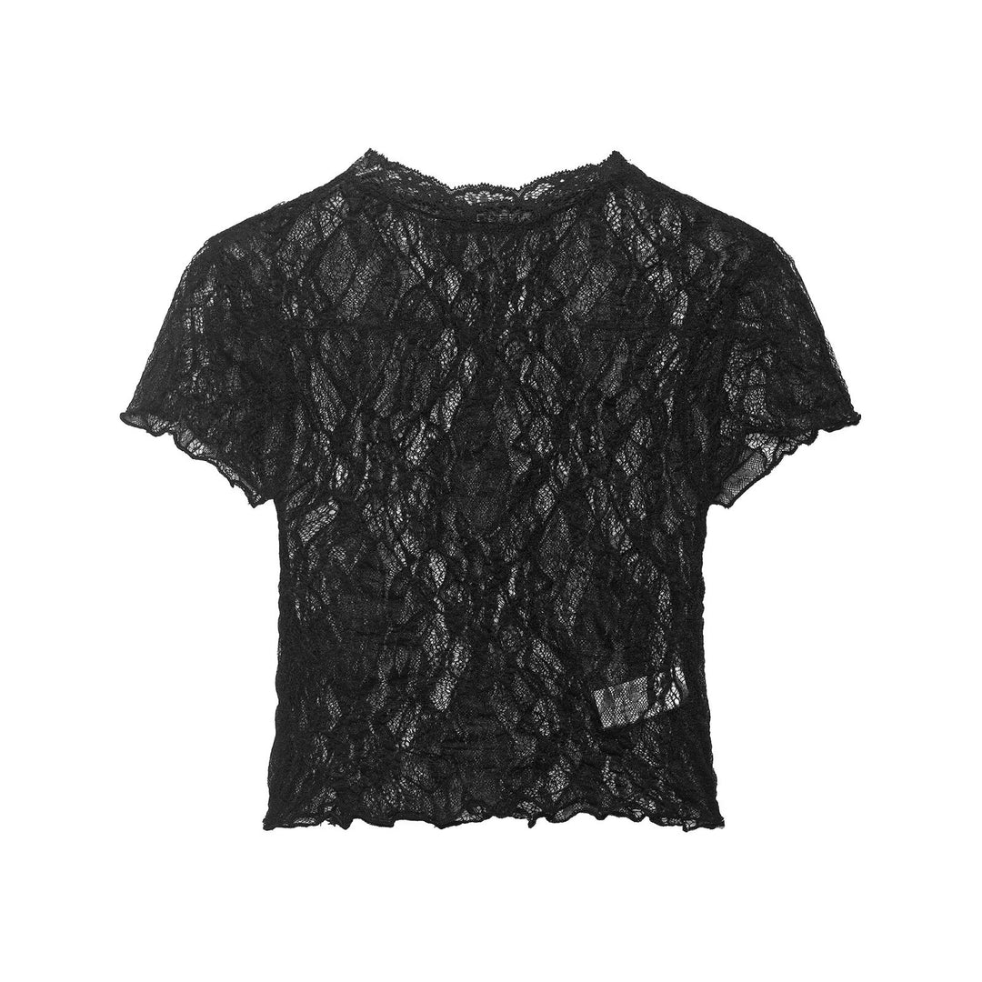 Damen Spitzen-Crop-Top mit feiner Struktur und voluminösen Ärmeln EB