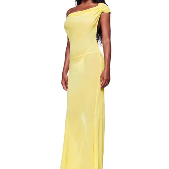 Damen Elegantes Maxikleid mit asymmetrischem Ausschnitt und raffiniertem Bogen-Detail EB
