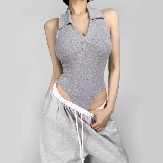 Damen figurbetontes Bodysuit mit modischem Kragen EB