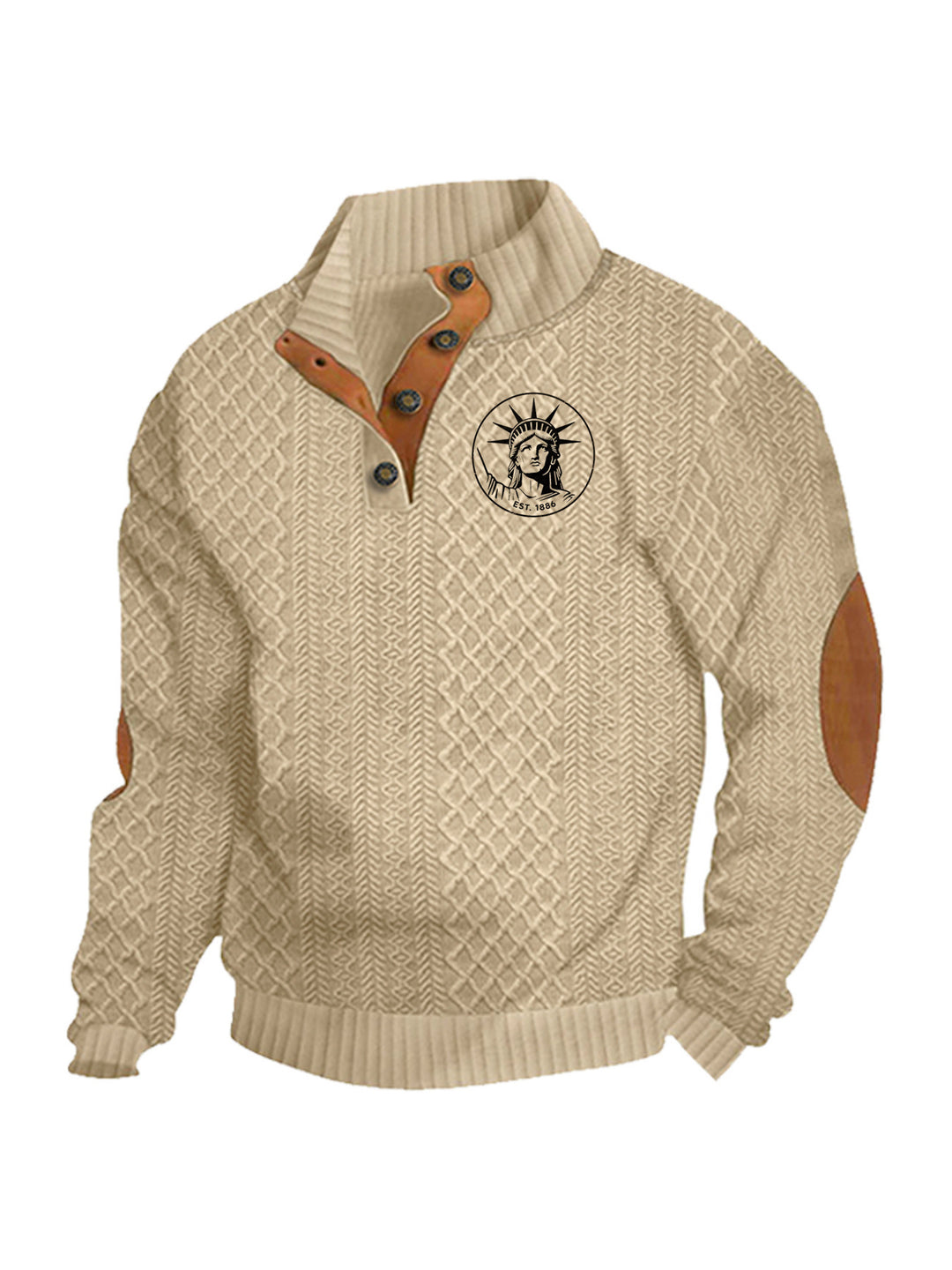 Herren nan Heritage-Strukturpullover mit Stehkragen Lederimitat-Besatz Ellenbogen-Patches und Halbknopfleiste EB