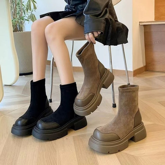 Damen modische Chunky Stiefeletten mit komfortabler Sohle und elastischem Schaft EB