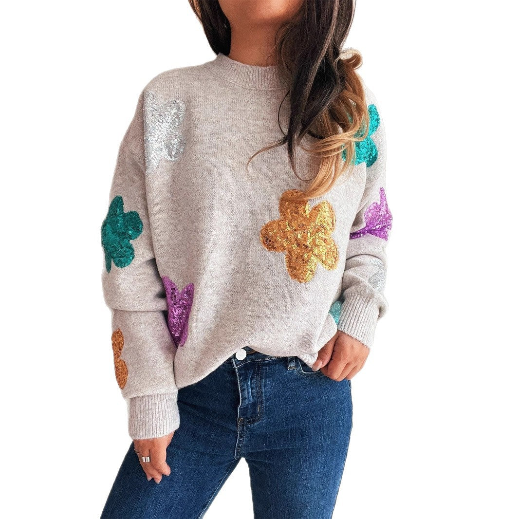 Damen Strickpullover mit bunten Funkelblumen EB