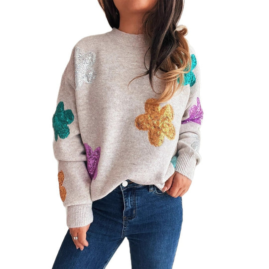 Damen Strickpullover mit bunten Funkelblumen EB