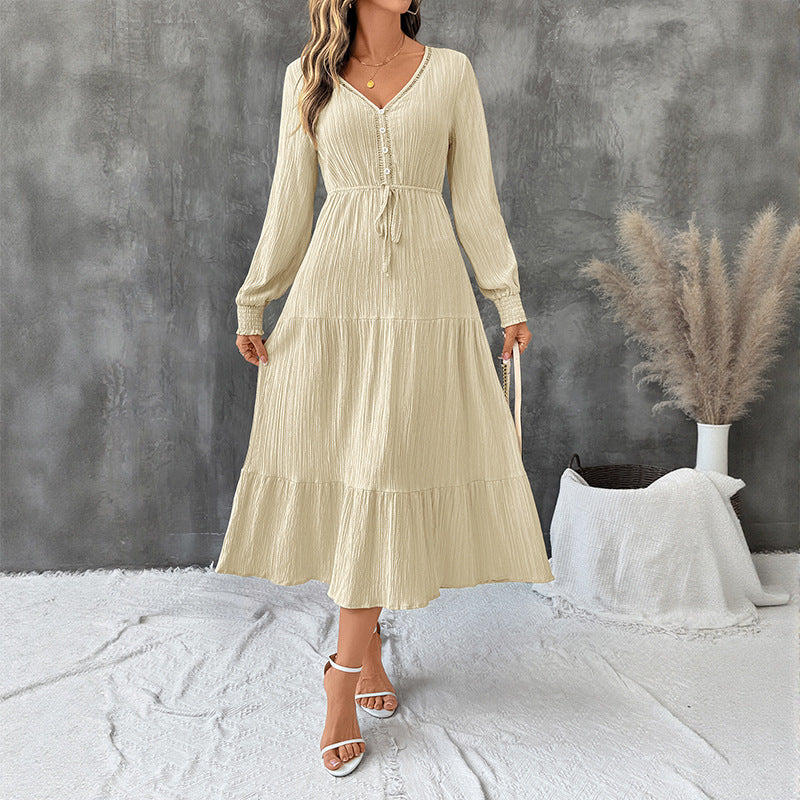 Damen Crinkle-Midikleid mit V-Ausschnitt, Knopfleiste, tailliertem Bindegürtel und Stufenrock EB