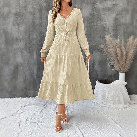 Damen Crinkle-Midikleid mit V-Ausschnitt, Knopfleiste, tailliertem Bindegürtel und Stufenrock EB