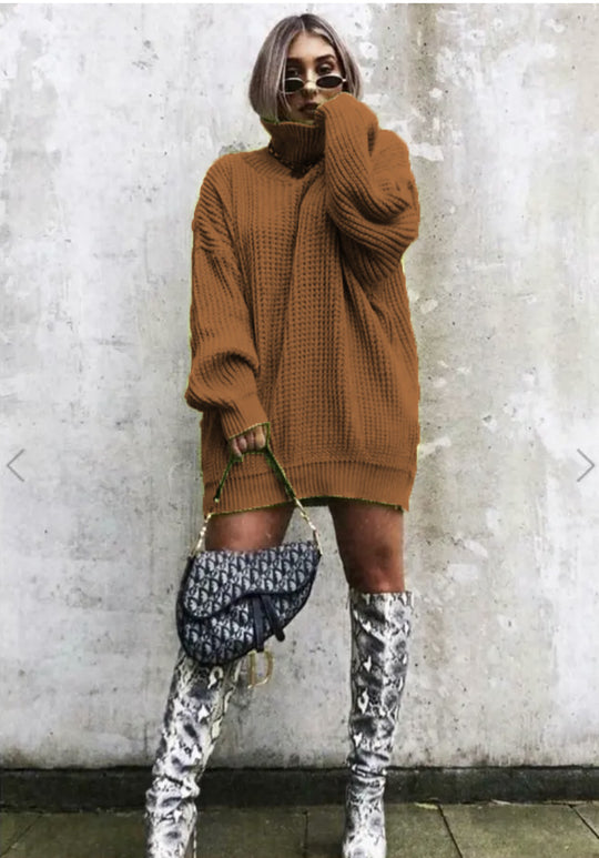 Damen Oversized Strickpullover im strukturierten Look mit hohem Kragen EB