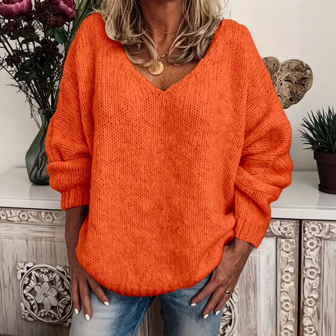 Damen Legerer V-Ausschnitt Pullover aus feiner Waffelstrickstruktur mit überschnittener Schulter EB